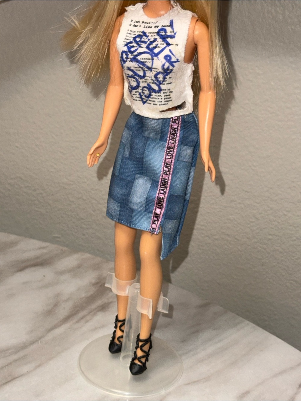 Barbie Mattel Denim Skirt white sleeveless graffiti shirt high heel Shoes